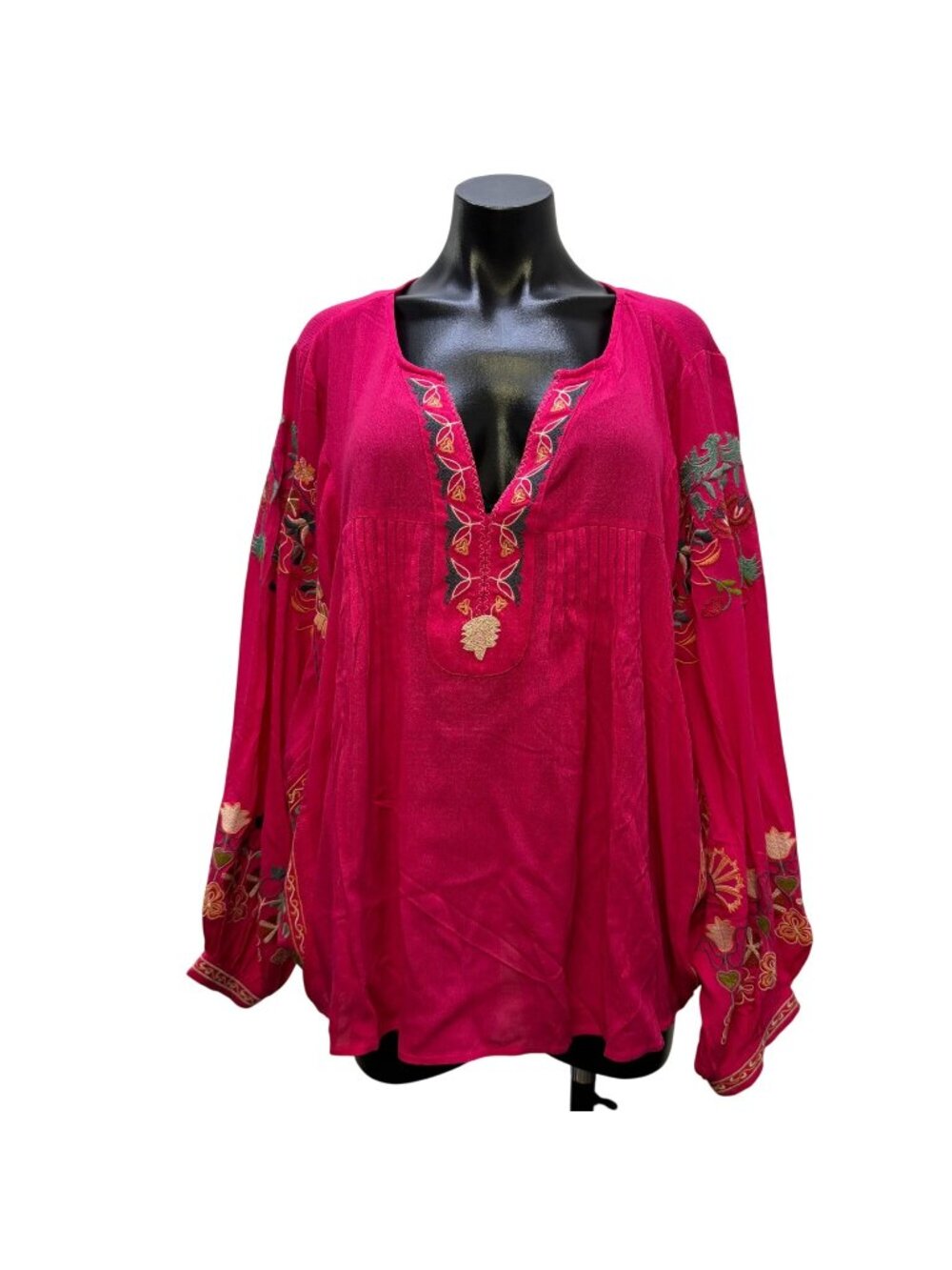 Easel Pink Embroidered Boho Long-Sleeve Blouse M